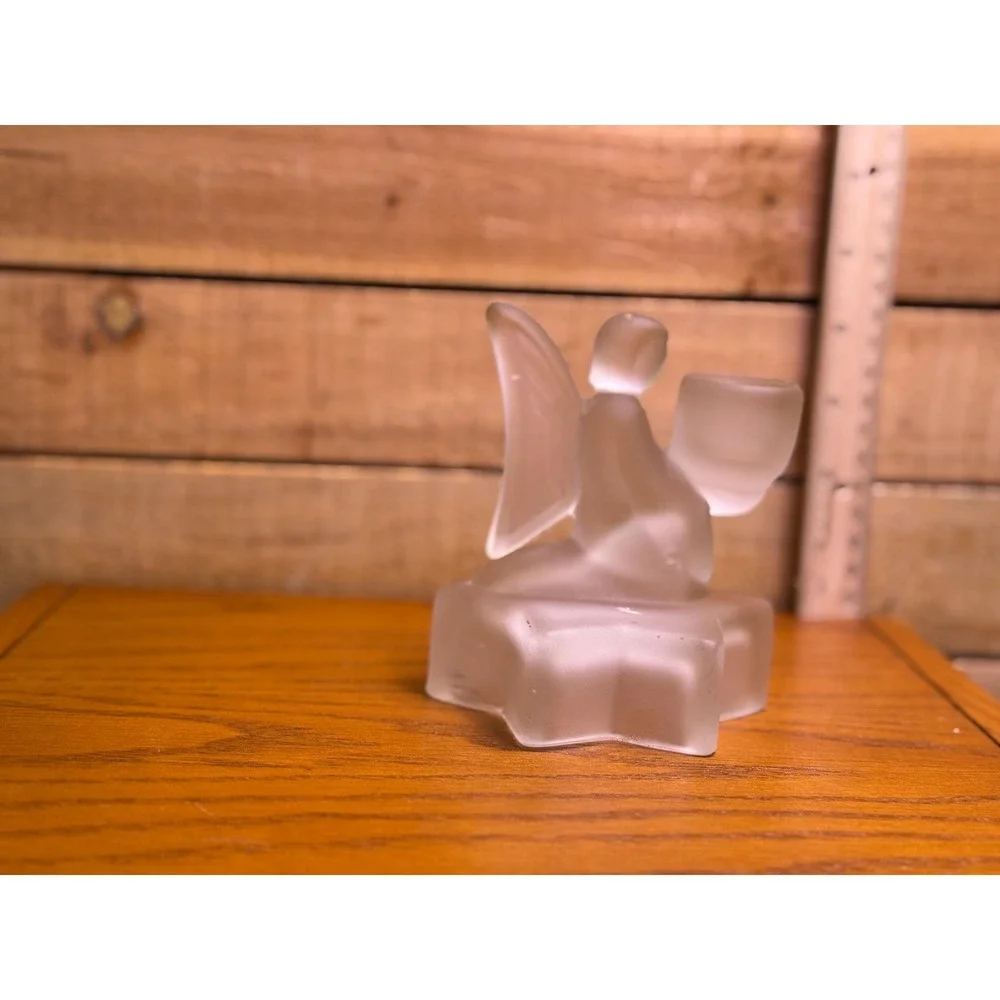 Vintage Frosted Glass Angel on Star Candlestick Holder 4.5 in